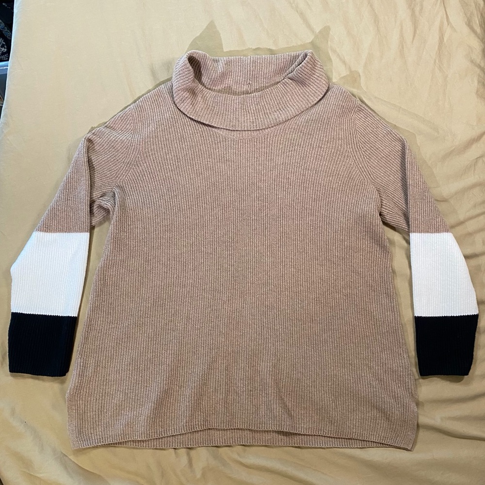 J. Jill Tan and White Cowl Neck Sweater